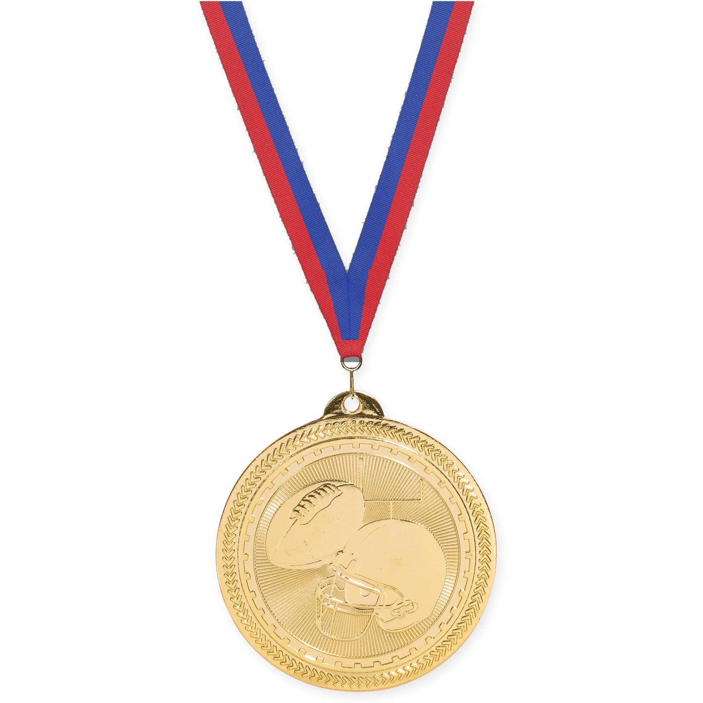 2 inch football Sunburst medal in bright gold with Blue Red neck ribbon