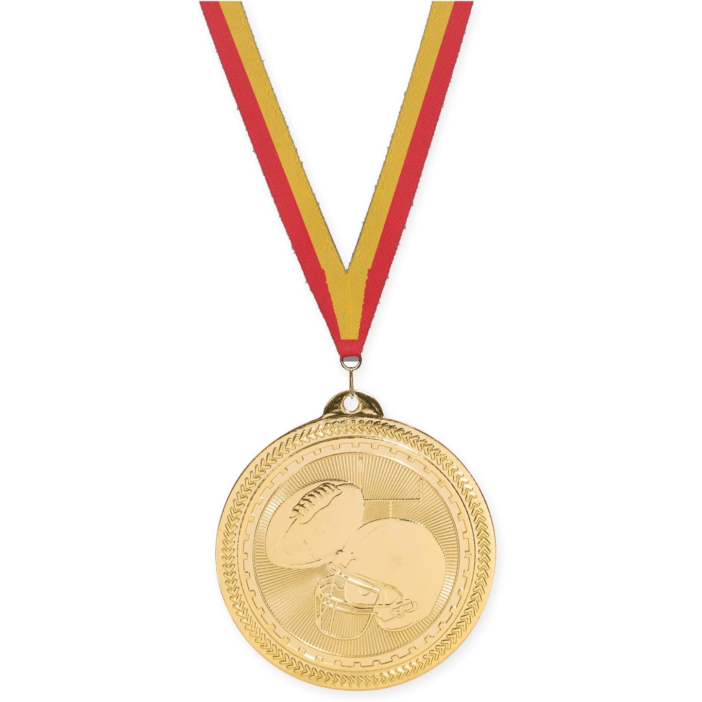 2 inch football Sunburst medal in bright gold with Red Gold neck ribbon