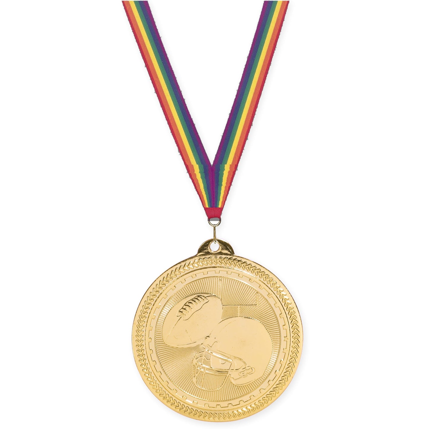 2 inch football Sunburst medal in bright gold with Rainbow neck ribbon