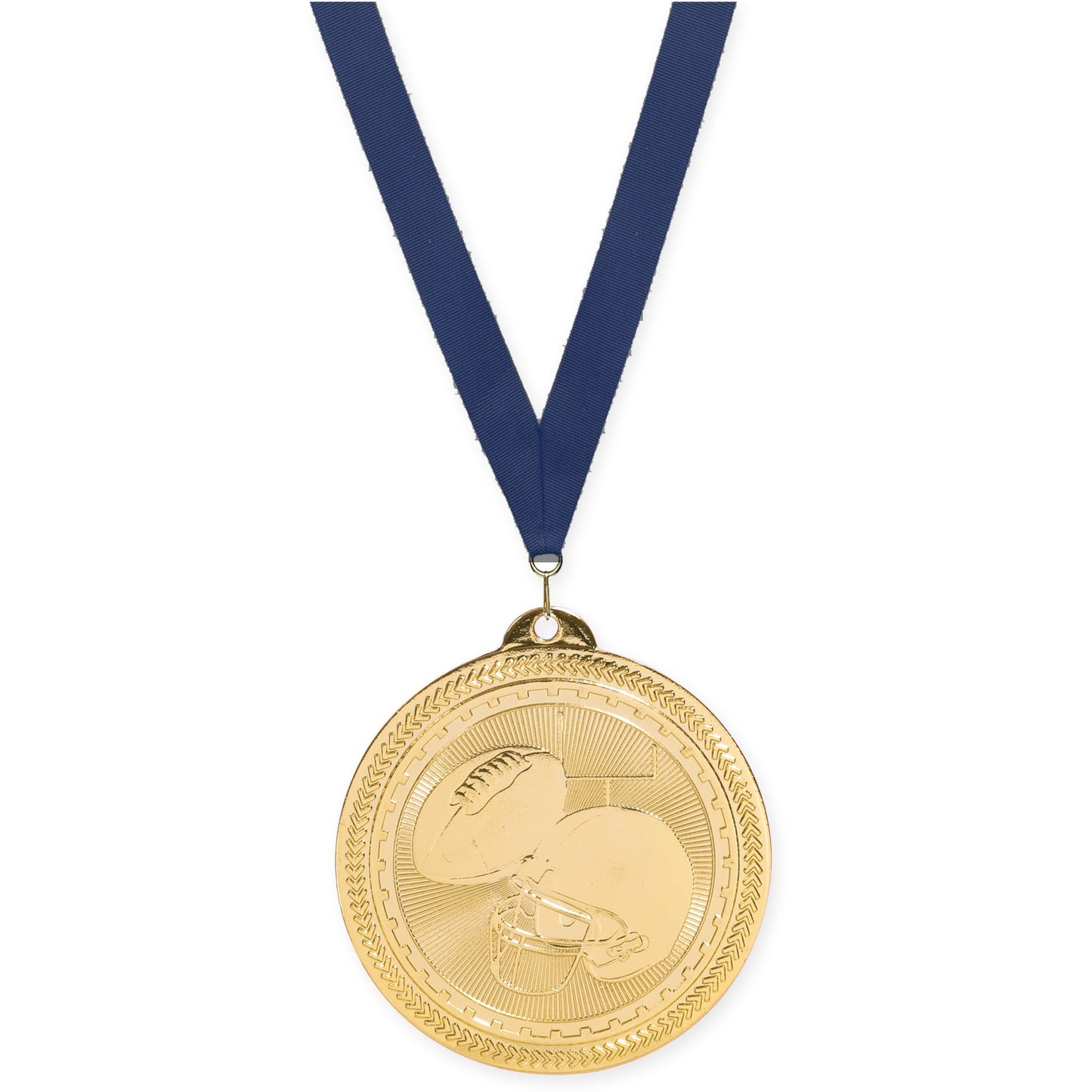 2 inch football Sunburst medal in bright gold with Navy neck ribbon