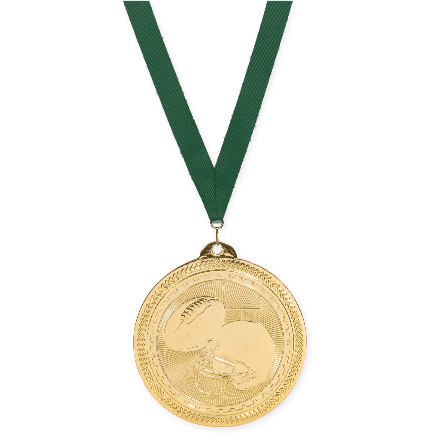 2 inch football Sunburst medal in bright gold with Hunter Green neck ribbon