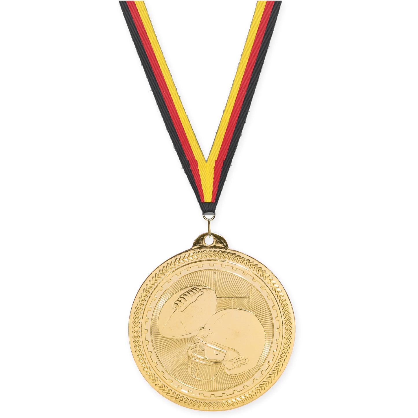 2 inch football Sunburst medal in bright gold with Black Red Yellow neck ribbon