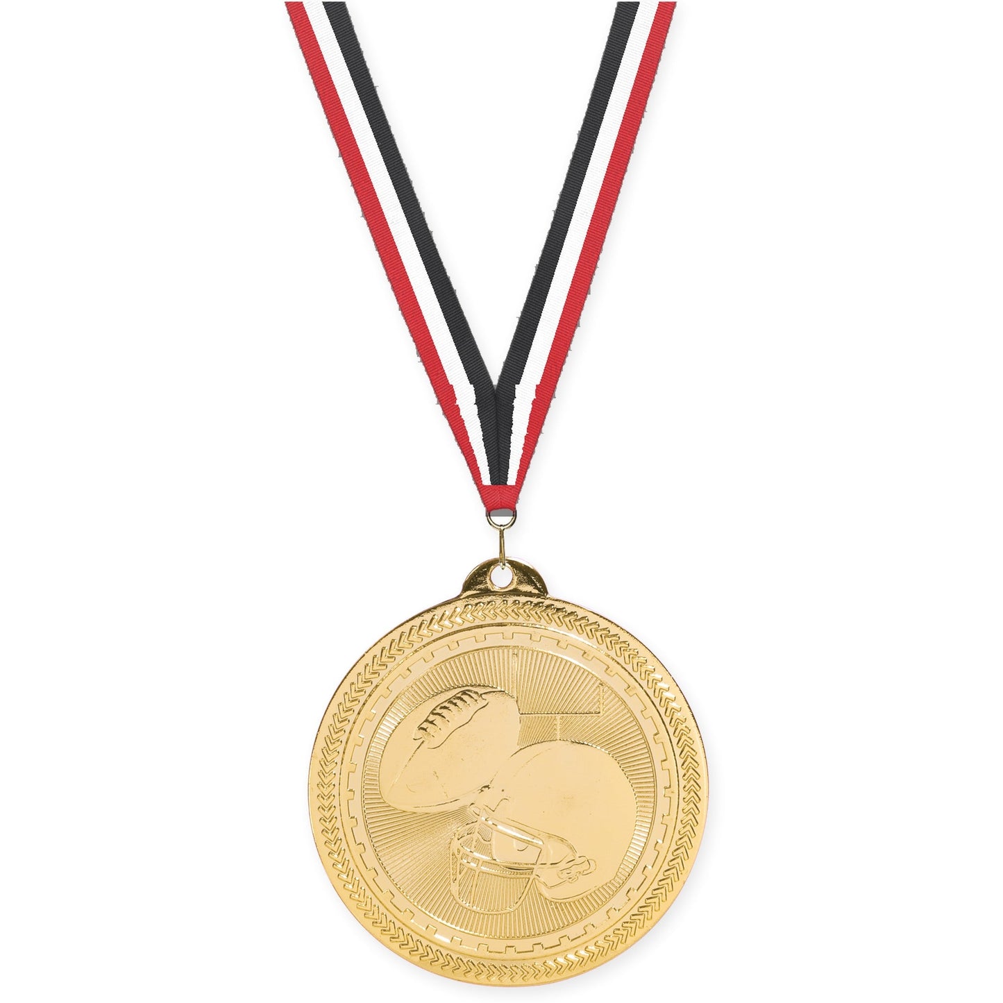 2 inch football Sunburst medal in bright gold with Red White Black neck ribbon