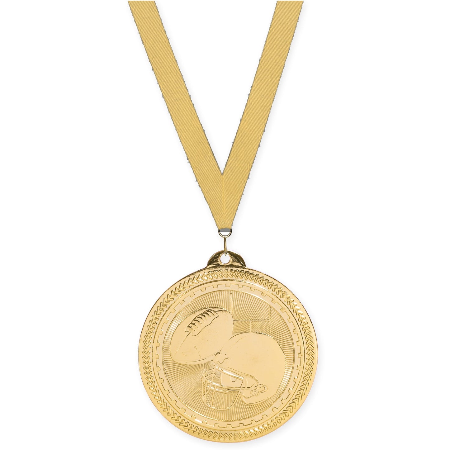 2 inch football Sunburst medal in bright gold with Gold Metallic neck ribbon