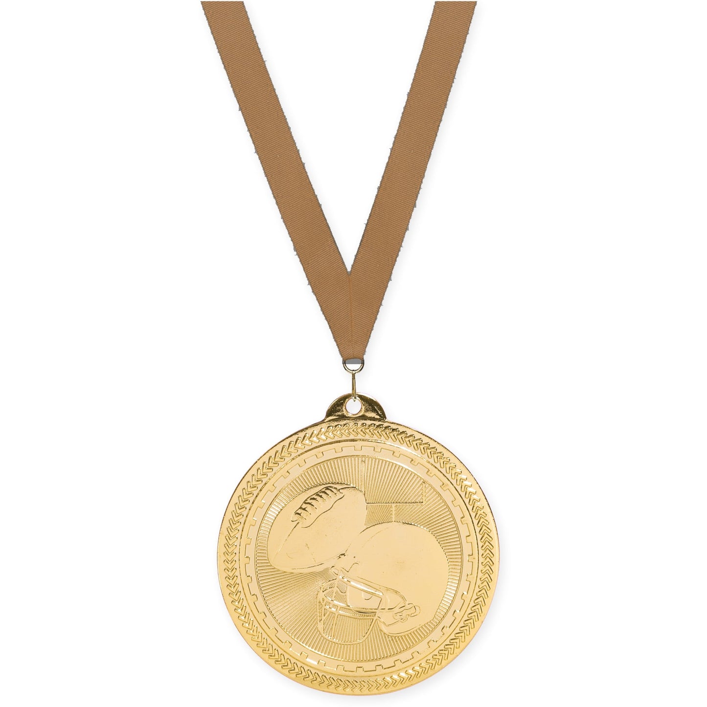 2 inch football Sunburst medal in bright gold with Bronze Metallic neck ribbon