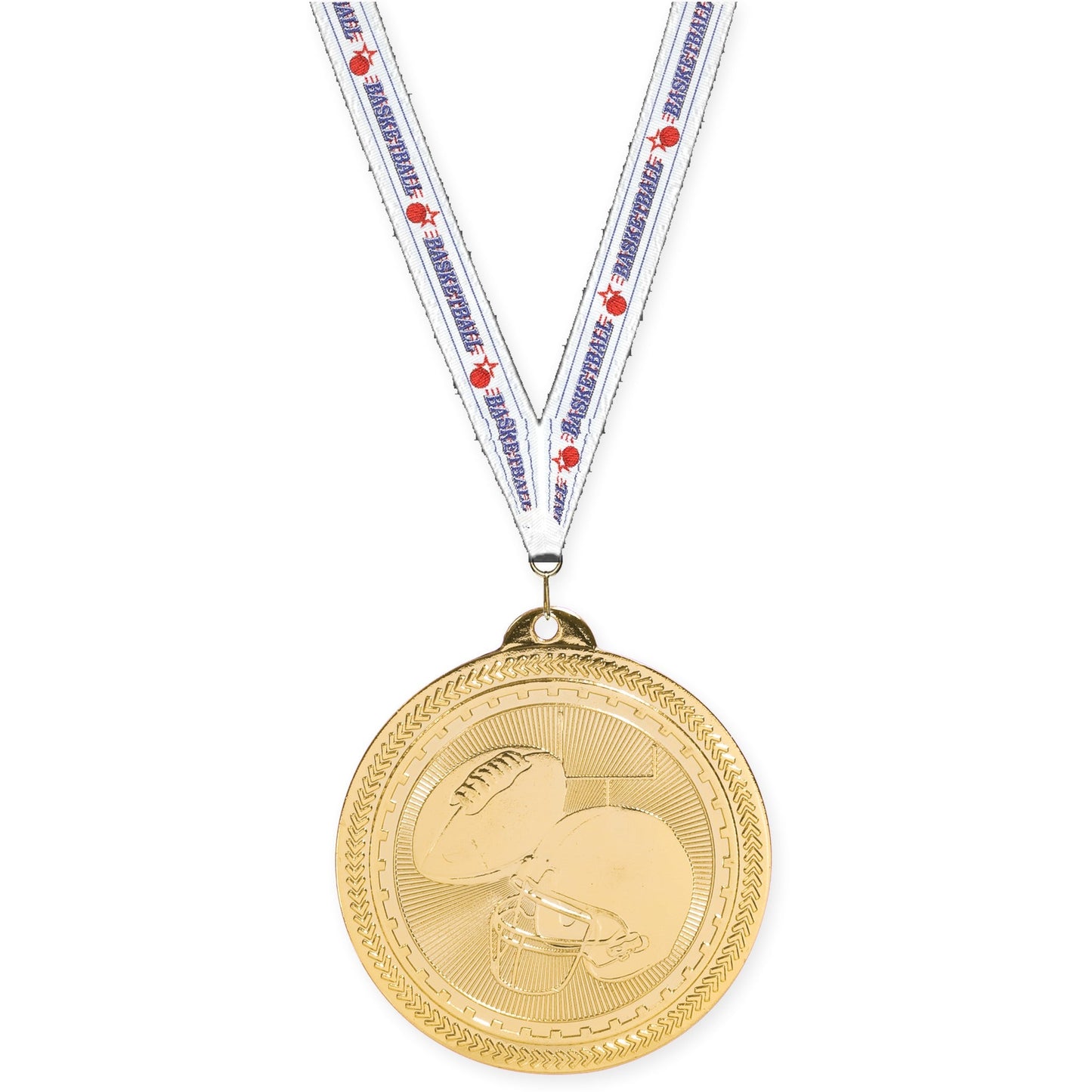 2 inch football Sunburst medal in bright gold with Basketball neck ribbon