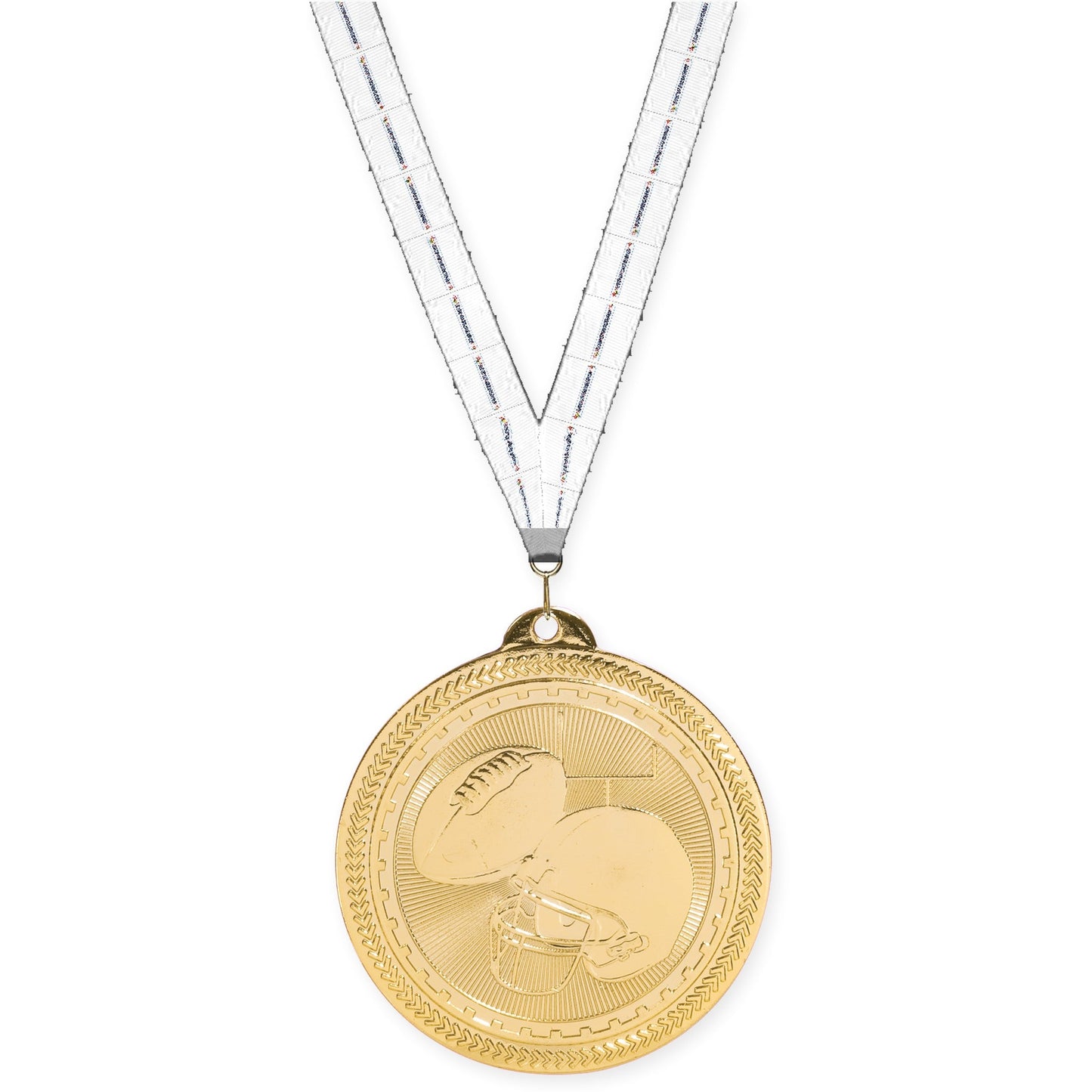 2 inch football Sunburst medal in bright gold with Lamp Of Knowledge neck ribbon