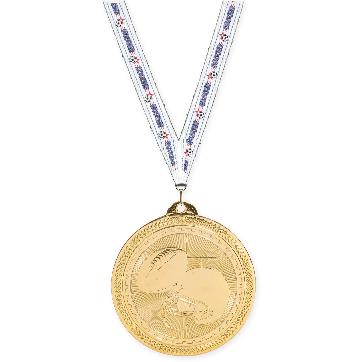 2 inch football Sunburst medal in bright gold with Soccer neck ribbon