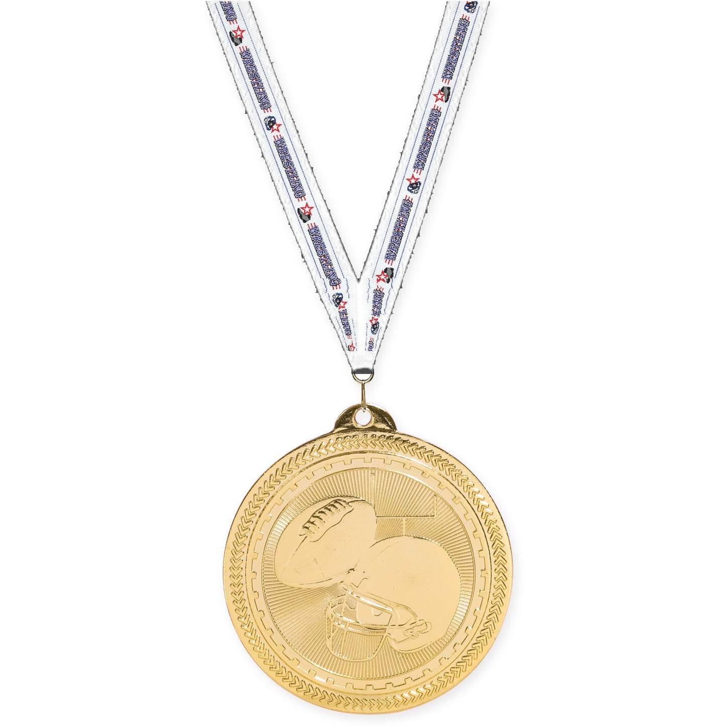 2 inch football Sunburst medal in bright gold with Wrestling neck ribbon