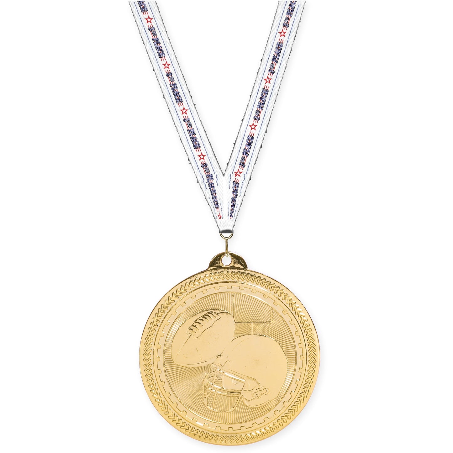 2 inch football Sunburst medal in bright gold with 3rd Place neck ribbon