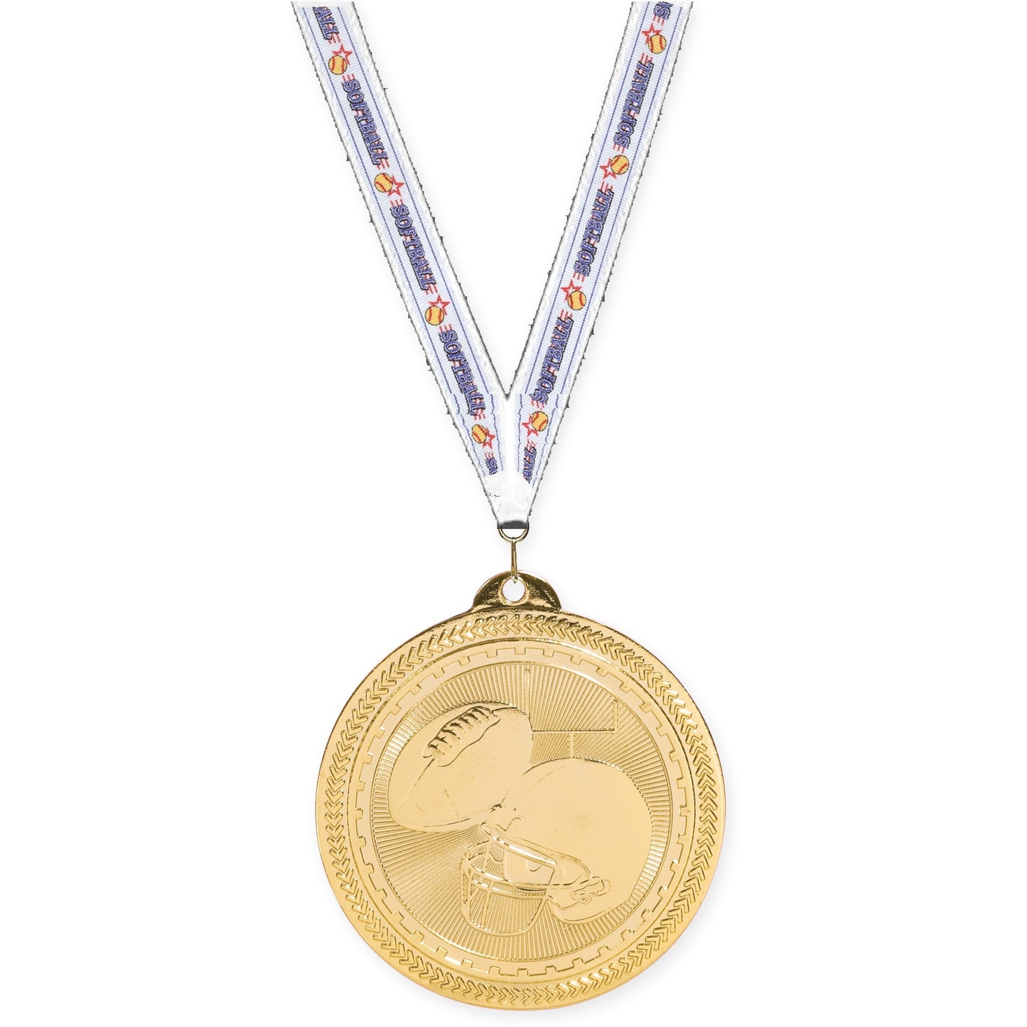 2 inch football Sunburst medal in bright gold with Softball neck ribbon