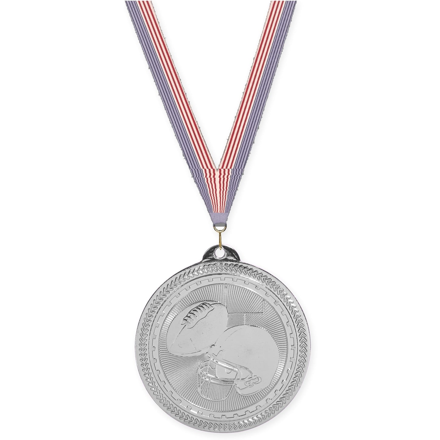 2 inch football Sunburst medal in bright silver with USA Flag neck ribbon