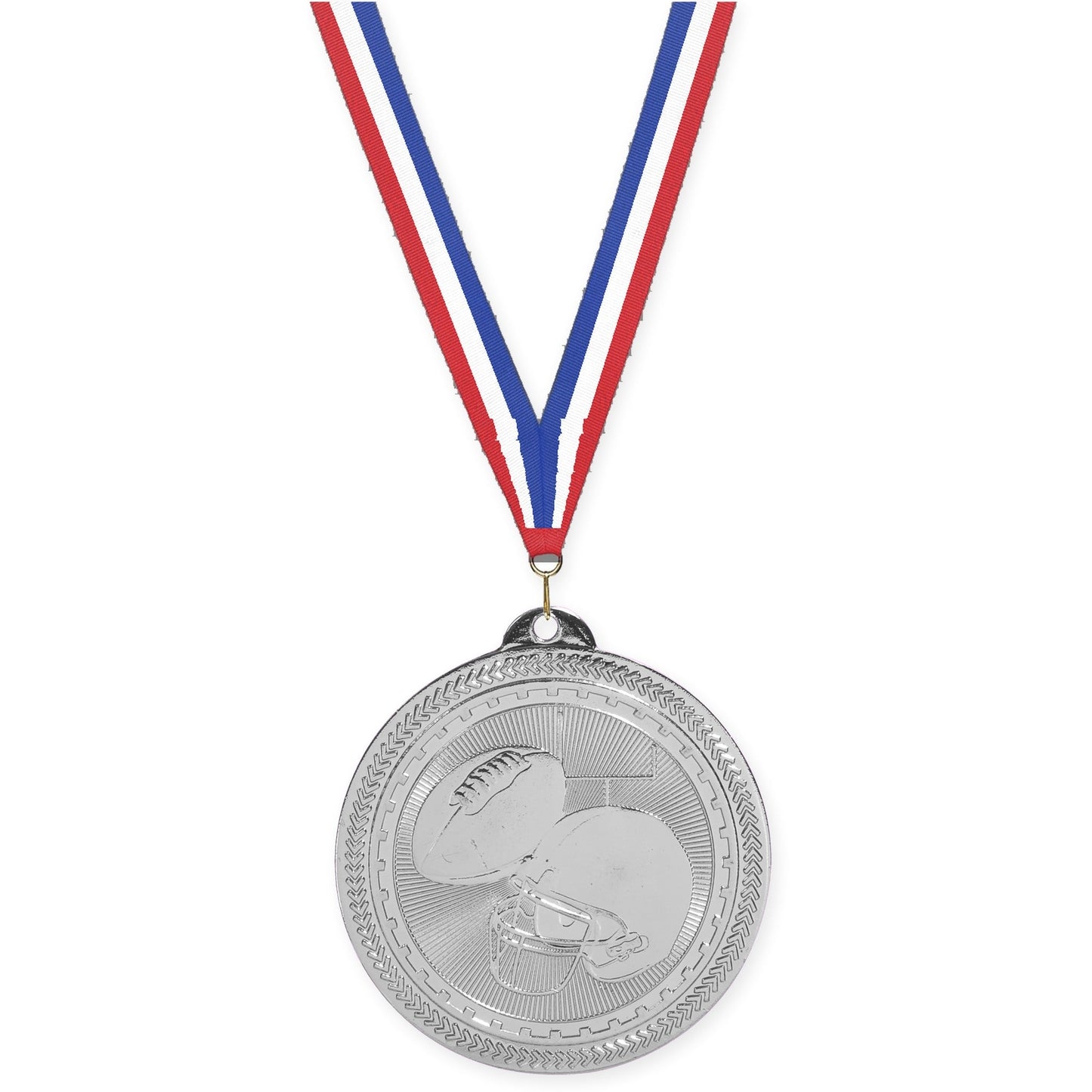2 inch football Sunburst medal in bright silver with Red White Blue neck ribbon