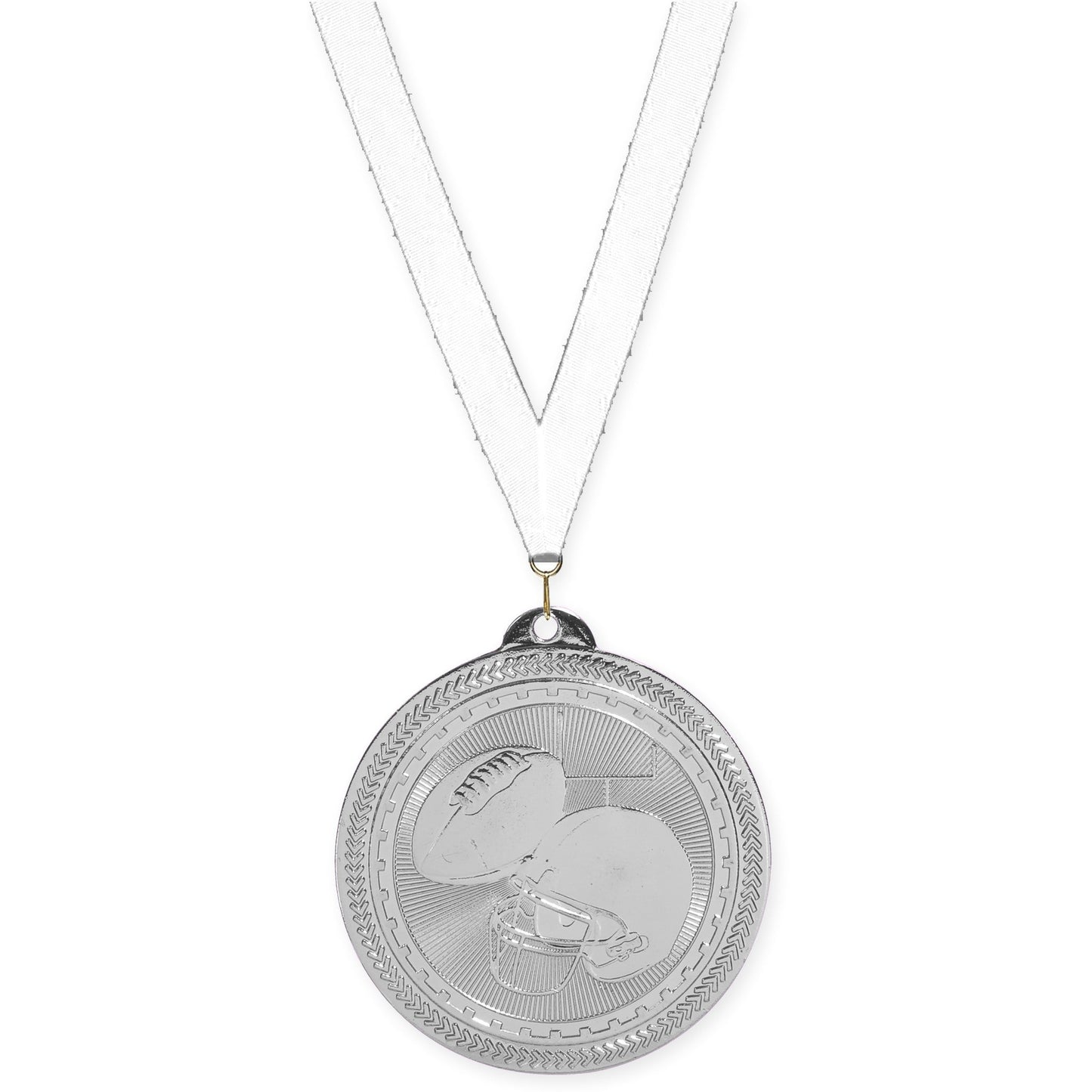 2 inch football Sunburst medal in bright silver with White neck ribbon