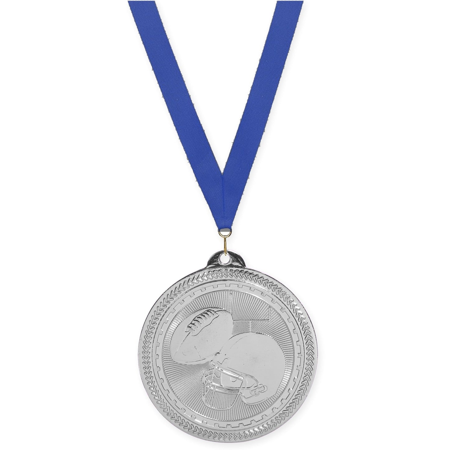 2 inch football Sunburst medal in bright silver with Blue neck ribbon