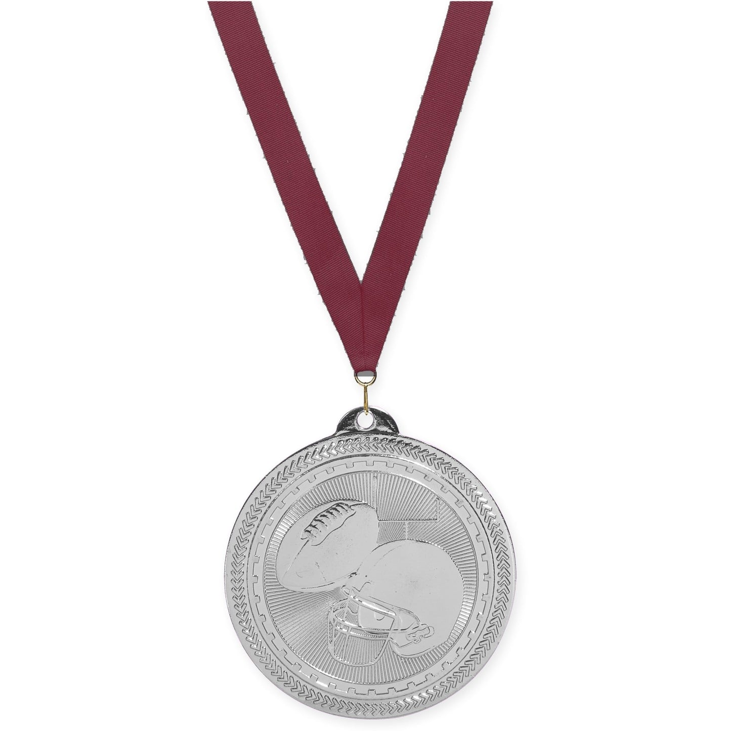 2 inch football Sunburst medal in bright silver with Maroon neck ribbon