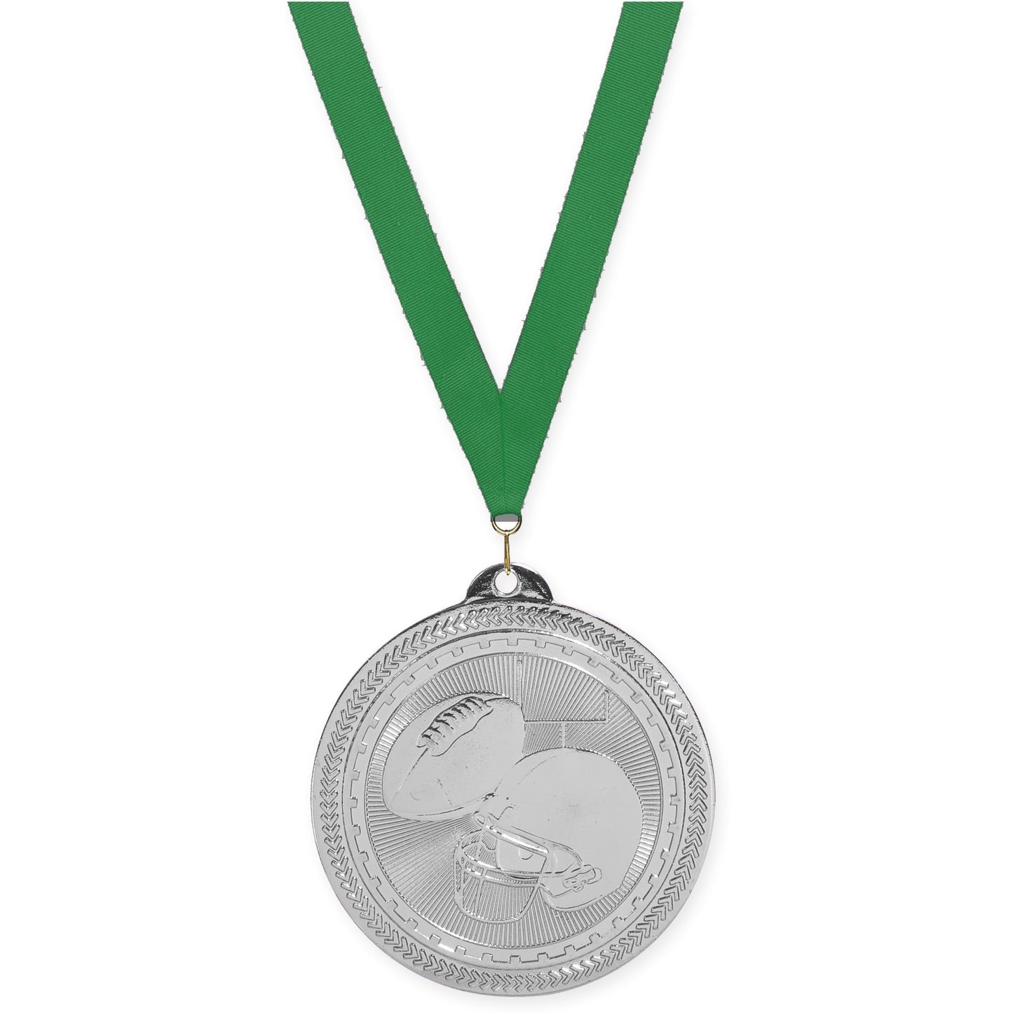 2 inch football Sunburst medal in bright silver with Green neck ribbon
