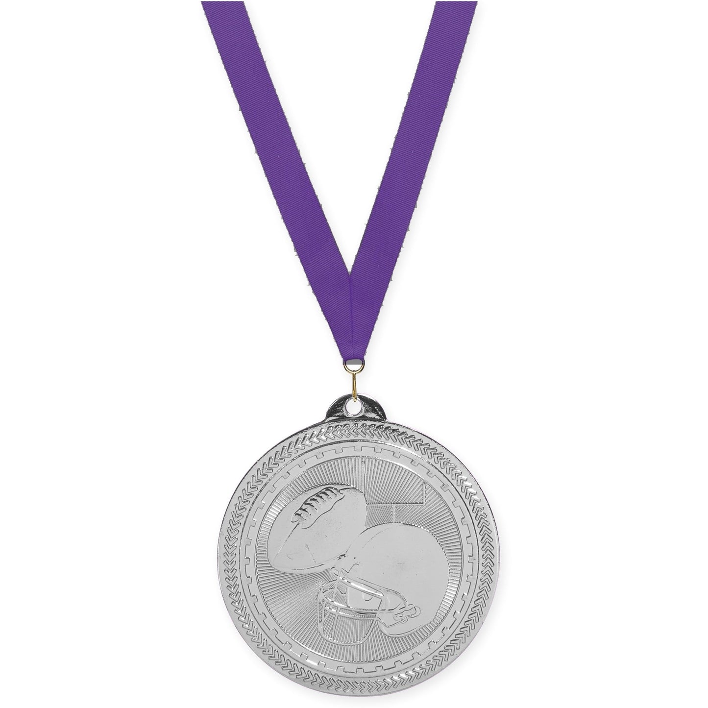 2 inch football Sunburst medal in bright silver with Purple neck ribbon