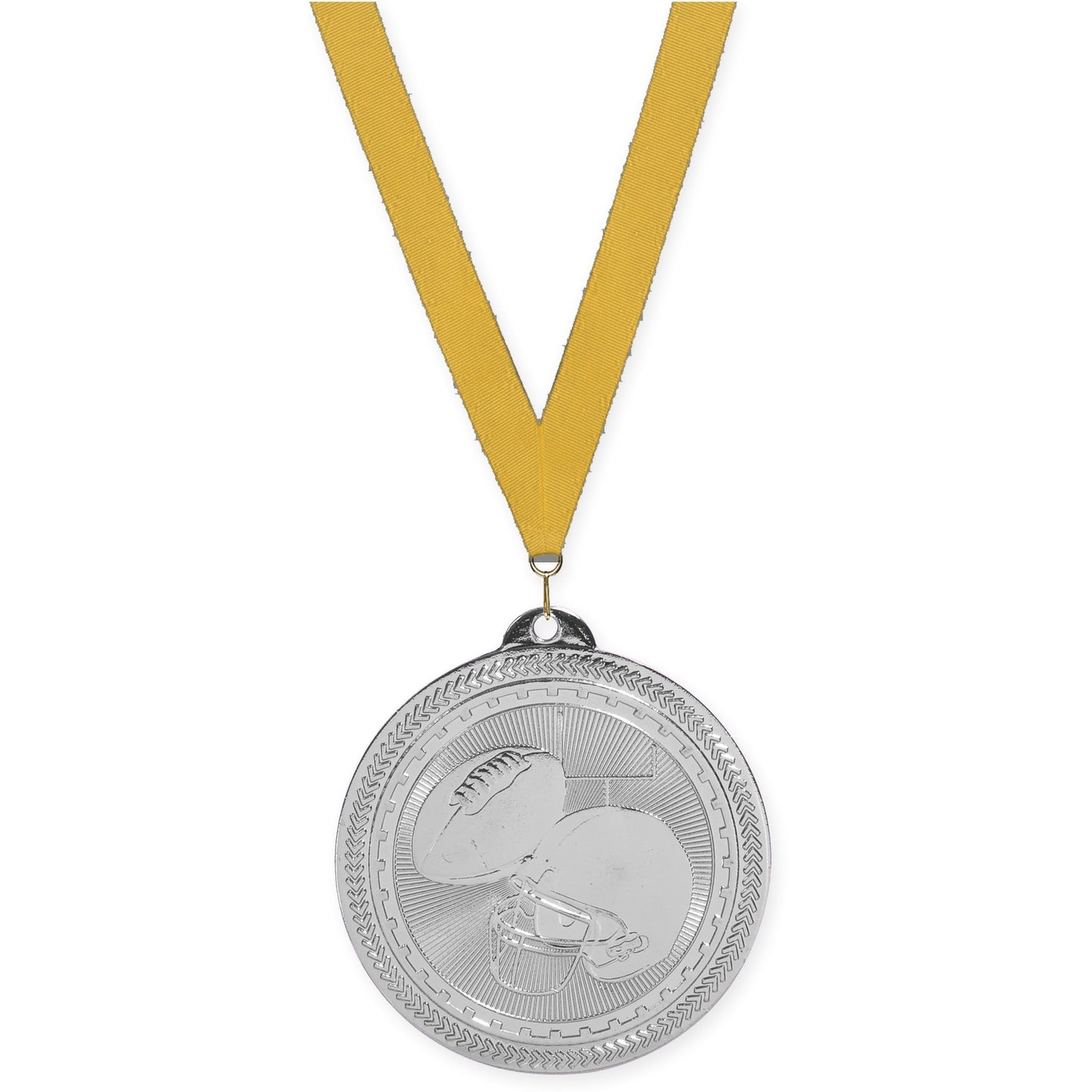 2 inch football Sunburst medal in bright silver with Gold neck ribbon