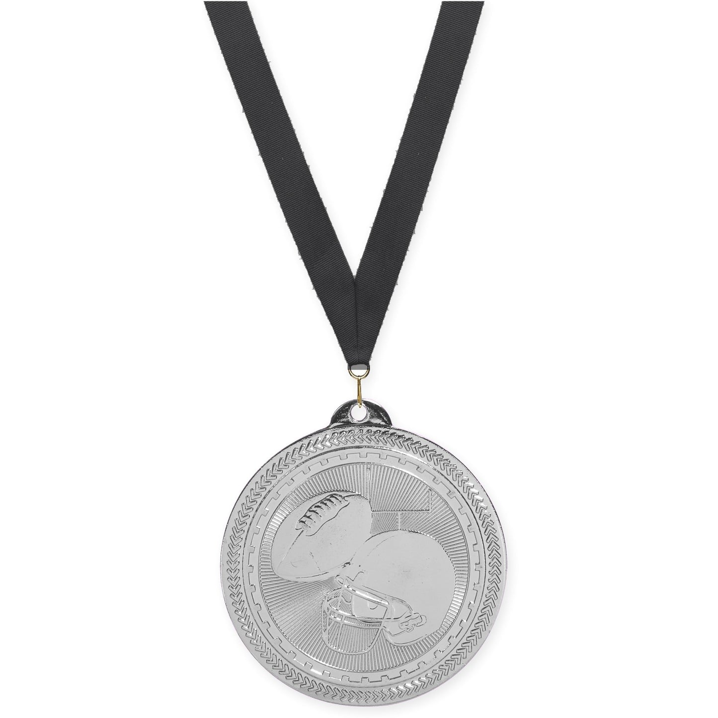 2 inch football Sunburst medal in bright silver with Black neck ribbon