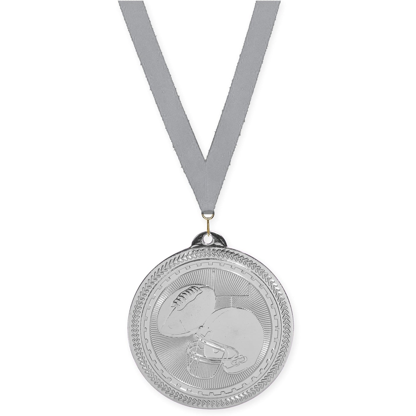 2 inch football Sunburst medal in bright silver with Gray neck ribbon