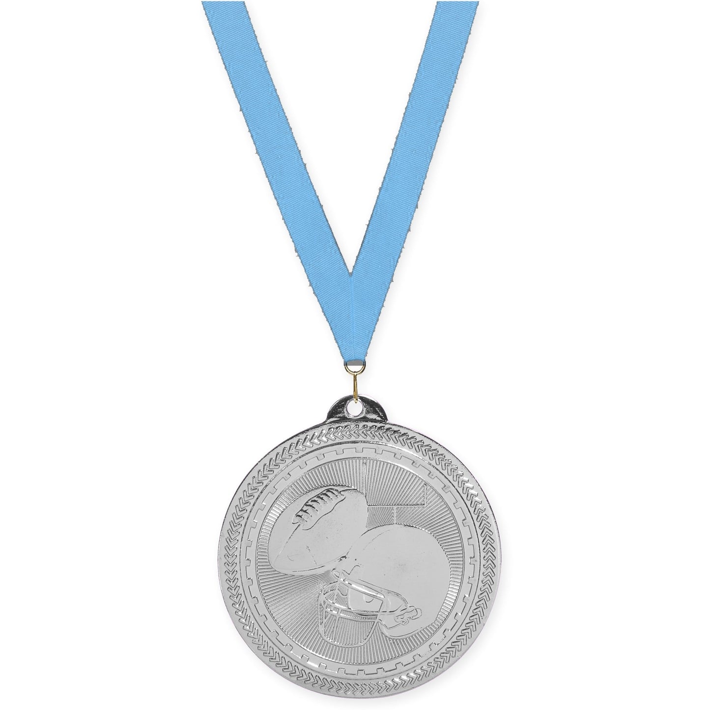 2 inch football Sunburst medal in bright silver with Light Blue neck ribbon