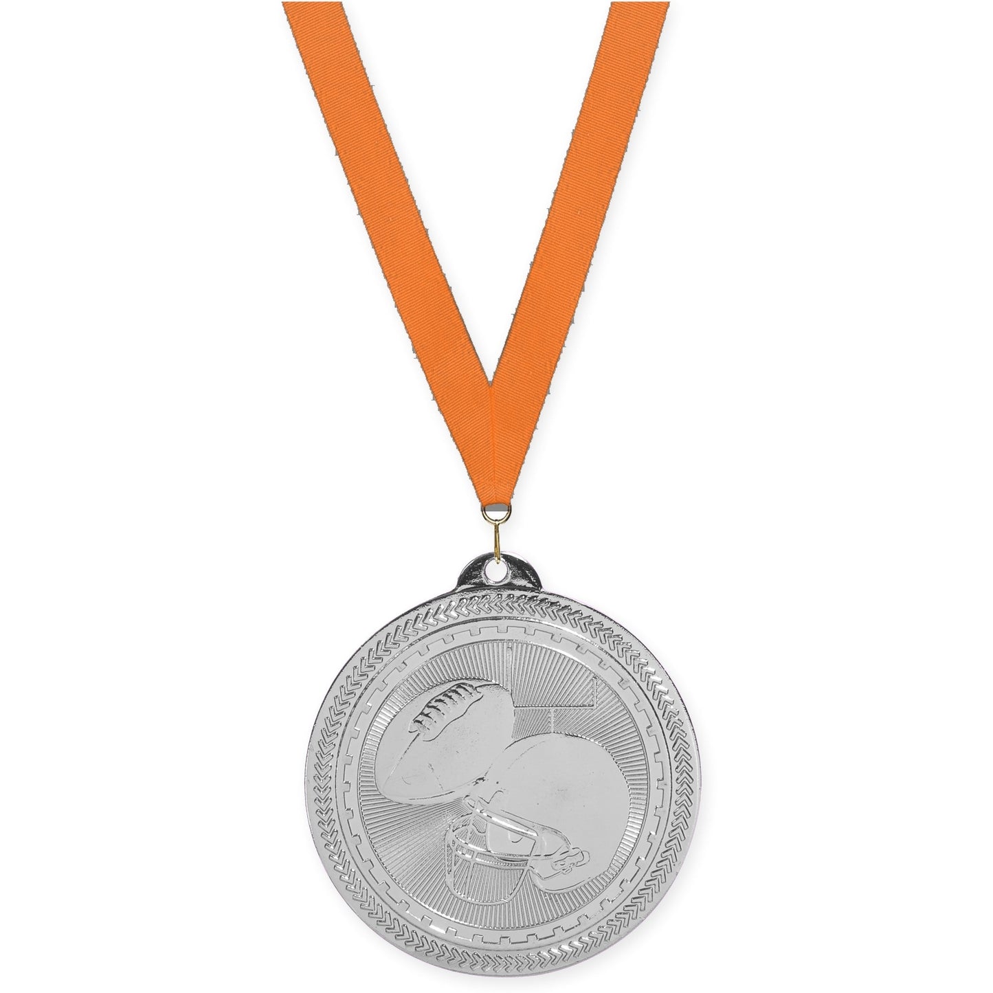 2 inch football Sunburst medal in bright silver with Orange neck ribbon
