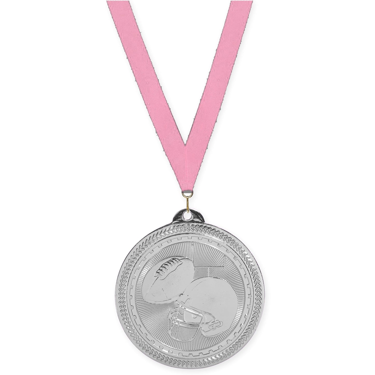 2 inch football Sunburst medal in bright silver with Pink neck ribbon