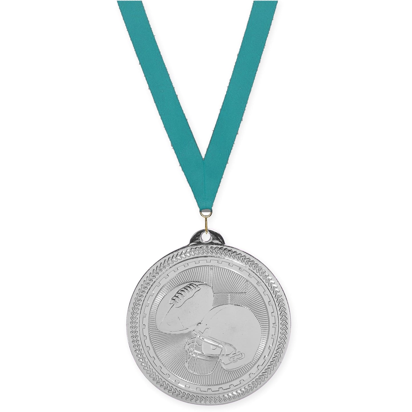 2 inch football Sunburst medal in bright silver with Teal neck ribbon
