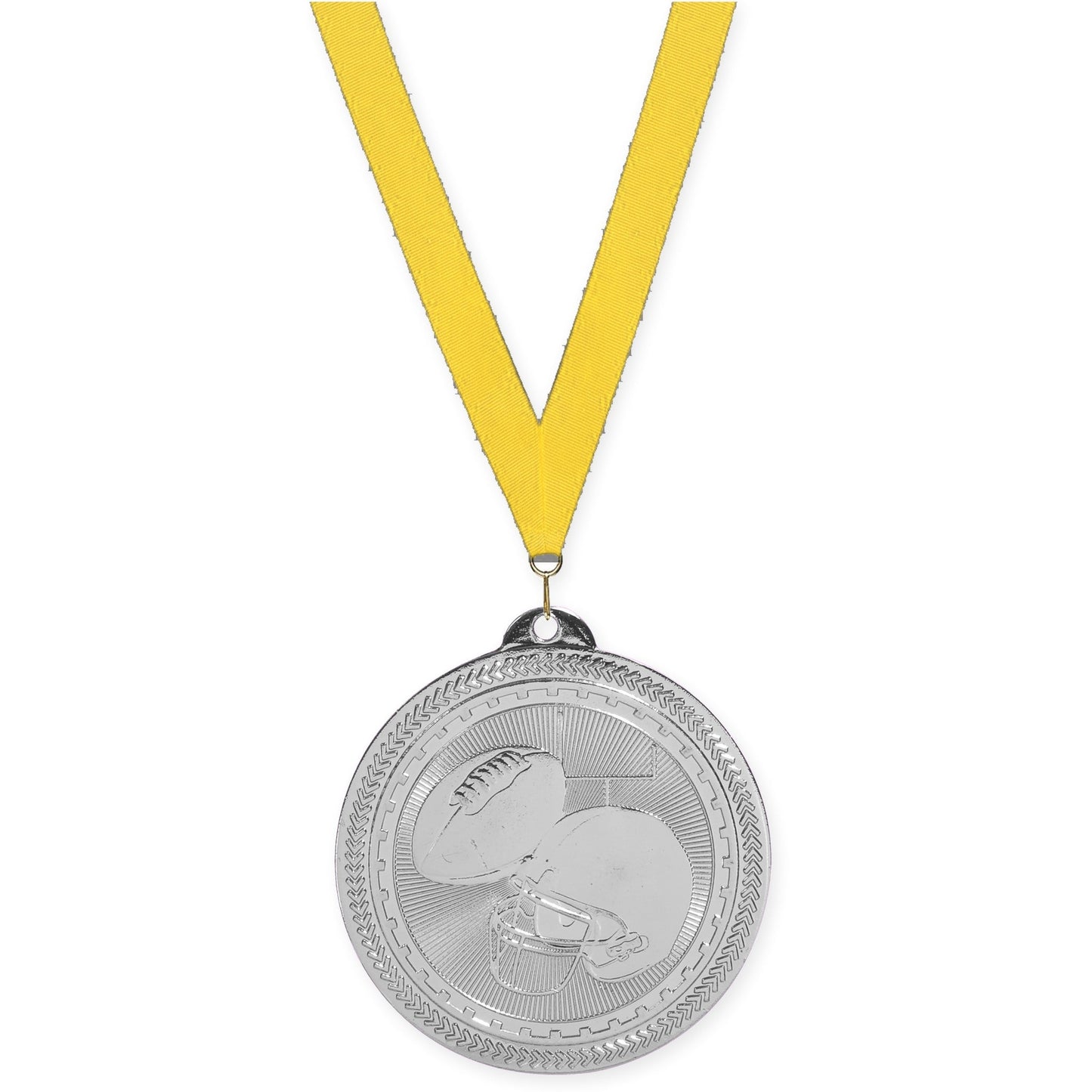 2 inch football Sunburst medal in bright silver with Yellow neck ribbon
