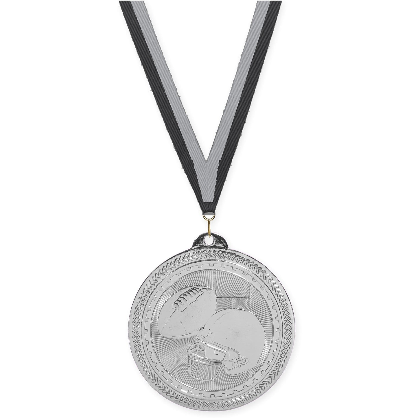 2 inch football Sunburst medal in bright silver with Black Gray neck ribbon