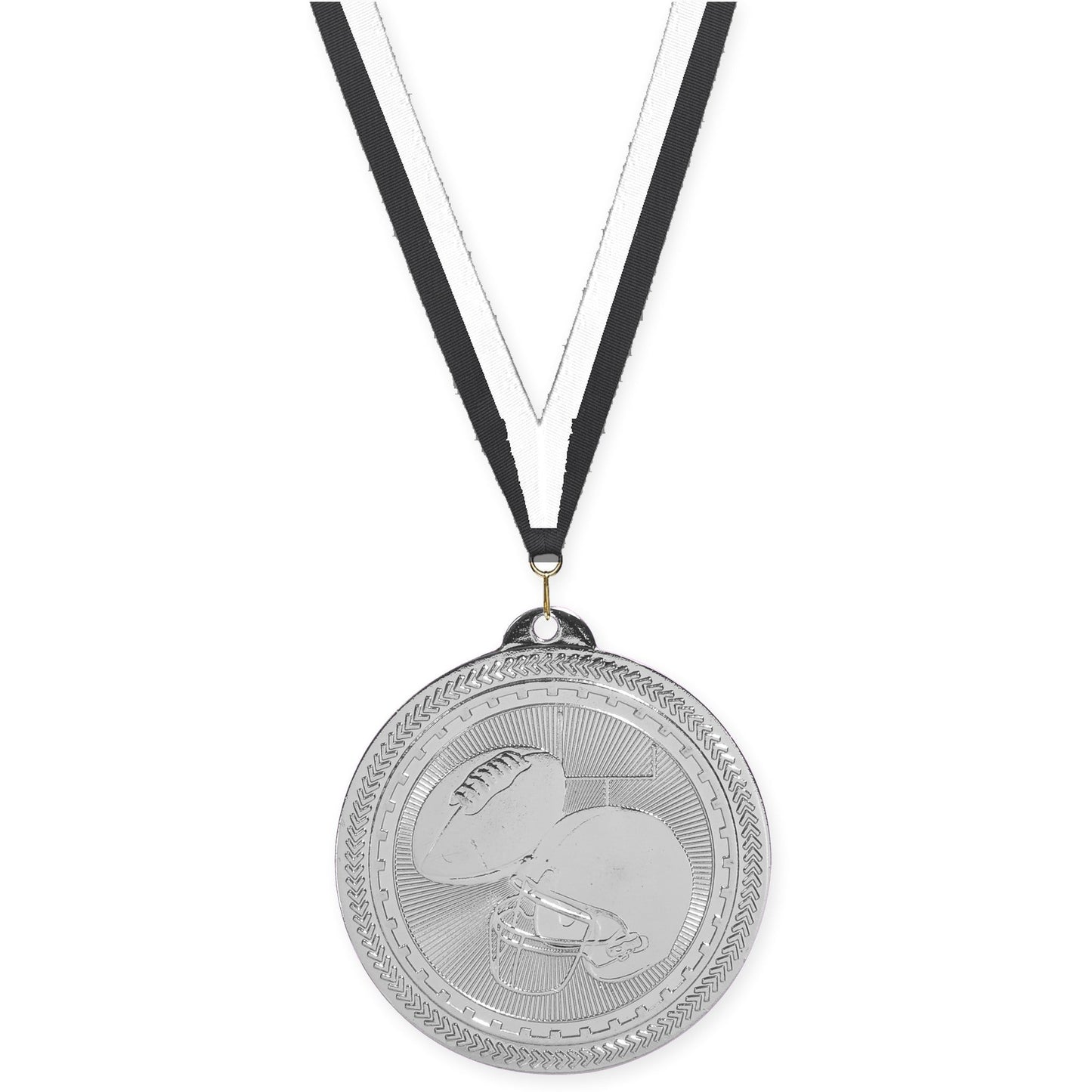 2 inch football Sunburst medal in bright silver with Black White neck ribbon