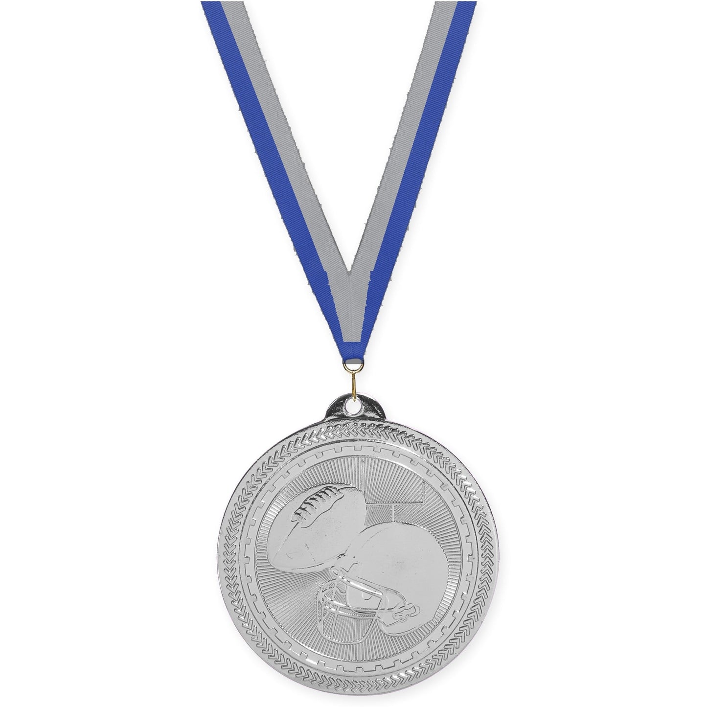 2 inch football Sunburst medal in bright silver with Blue Gray neck ribbon