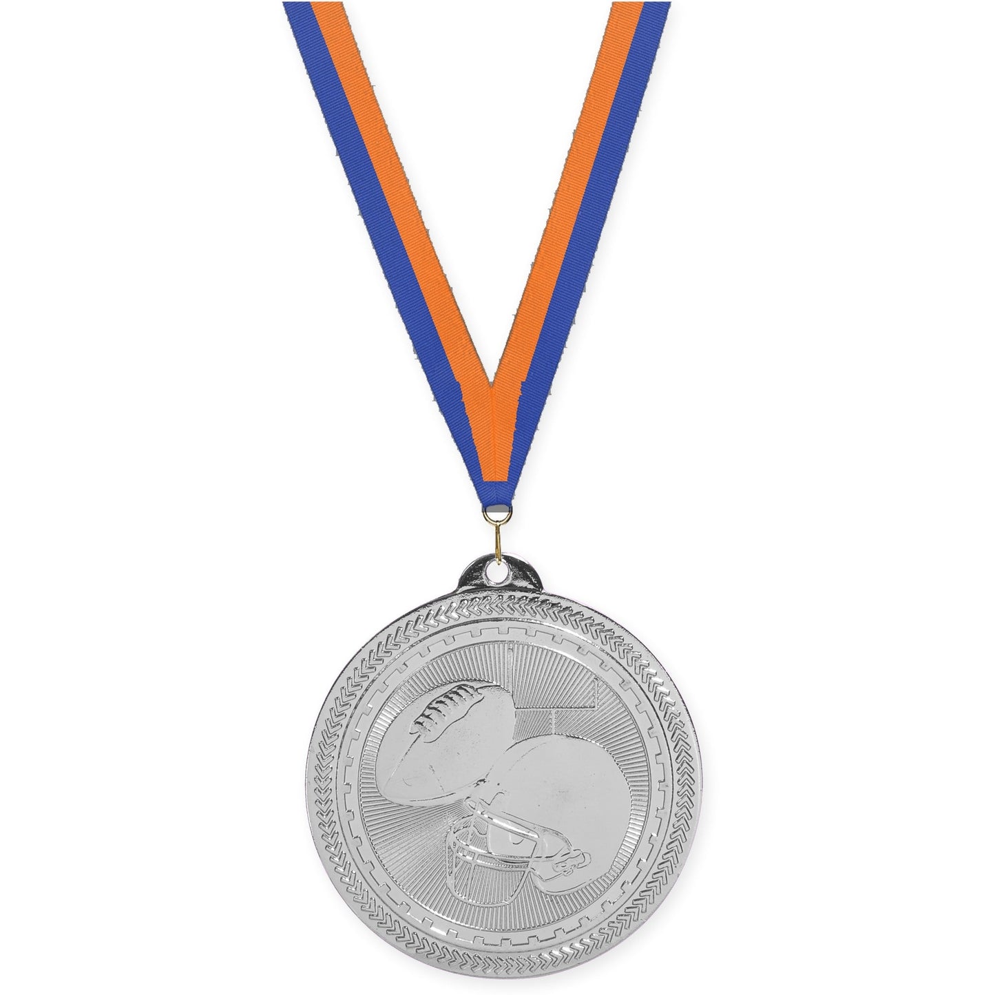 2 inch football Sunburst medal in bright silver with Blue Orange neck ribbon