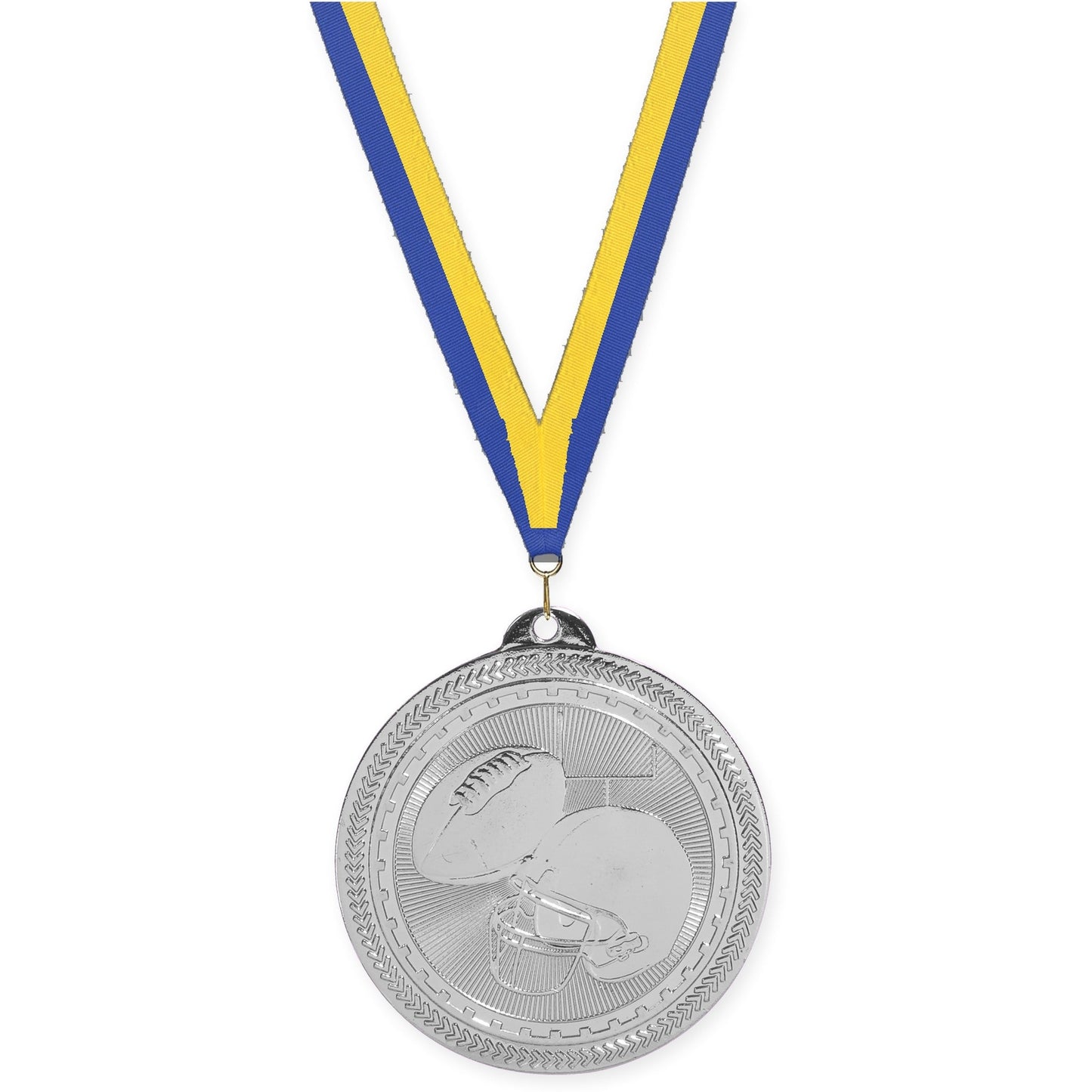 2 inch football Sunburst medal in bright silver with Blue Yellow neck ribbon
