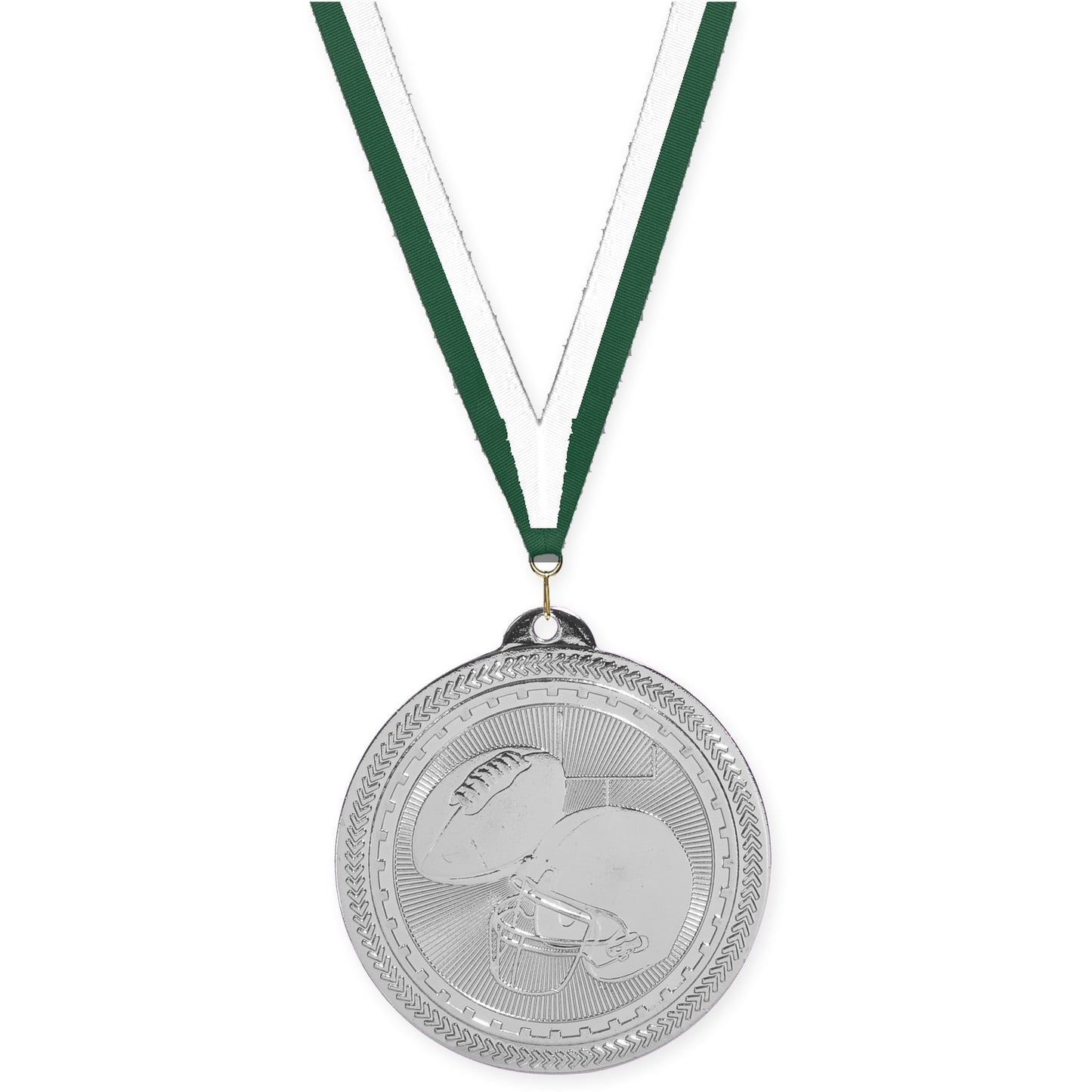 2 inch football Sunburst medal in bright silver with Hunter Green White neck ribbon