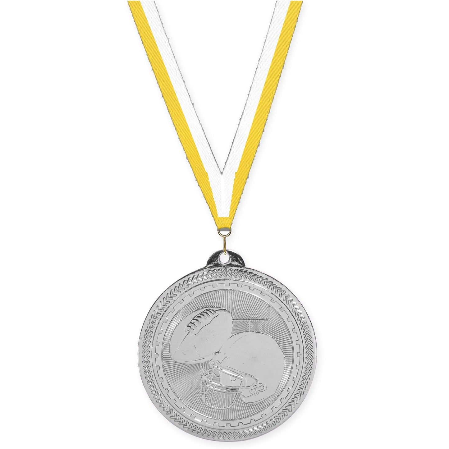 2 inch football Sunburst medal in bright silver with Yellow White neck ribbon