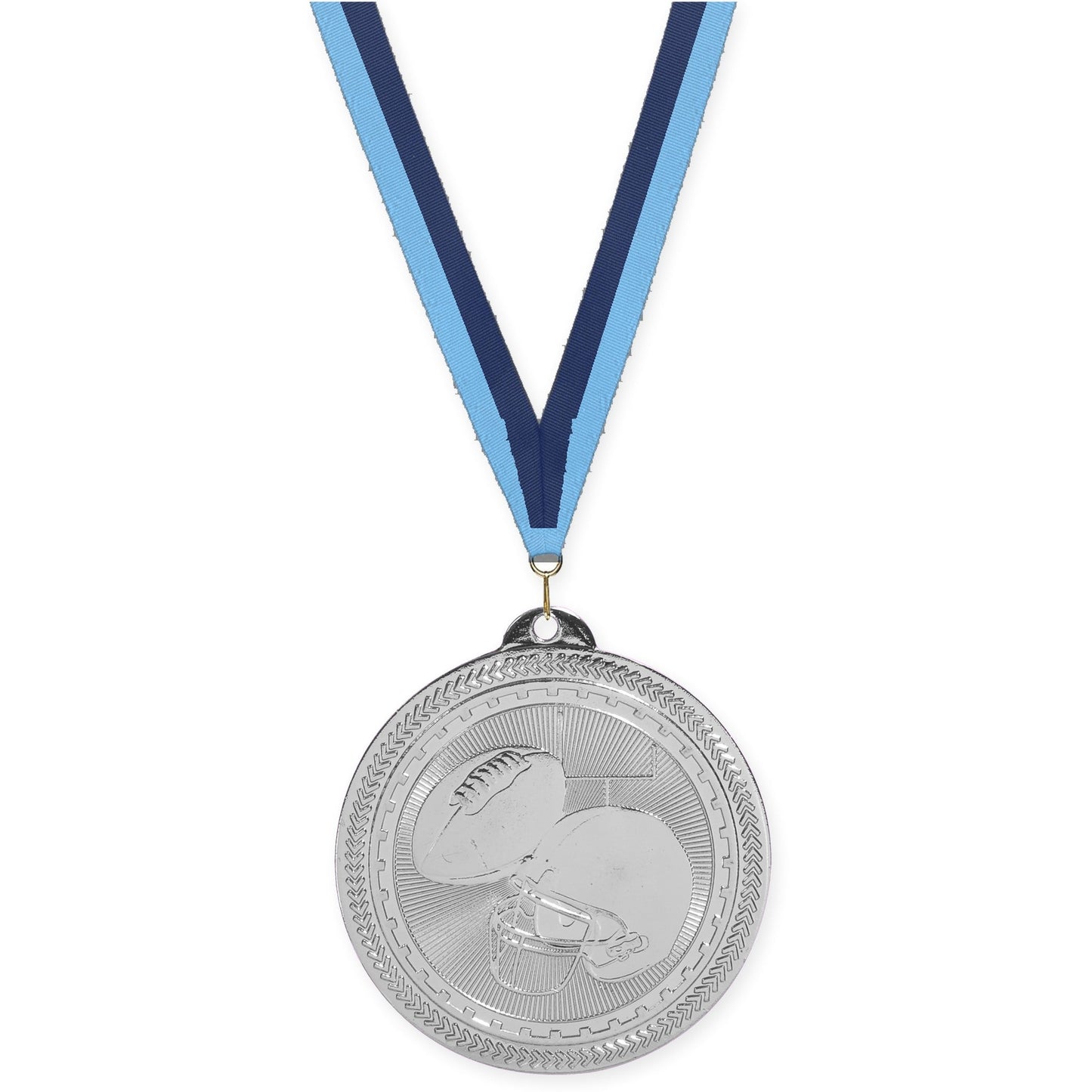 2 inch football Sunburst medal in bright silver with Light Blue Navy neck ribbon