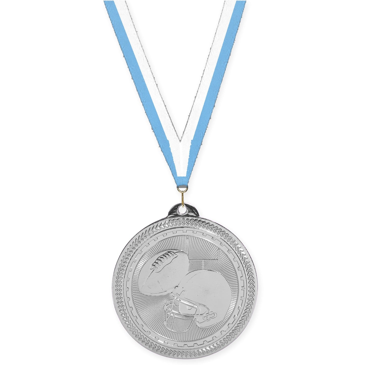 2 inch football Sunburst medal in bright silver with Light Blue White neck ribbon