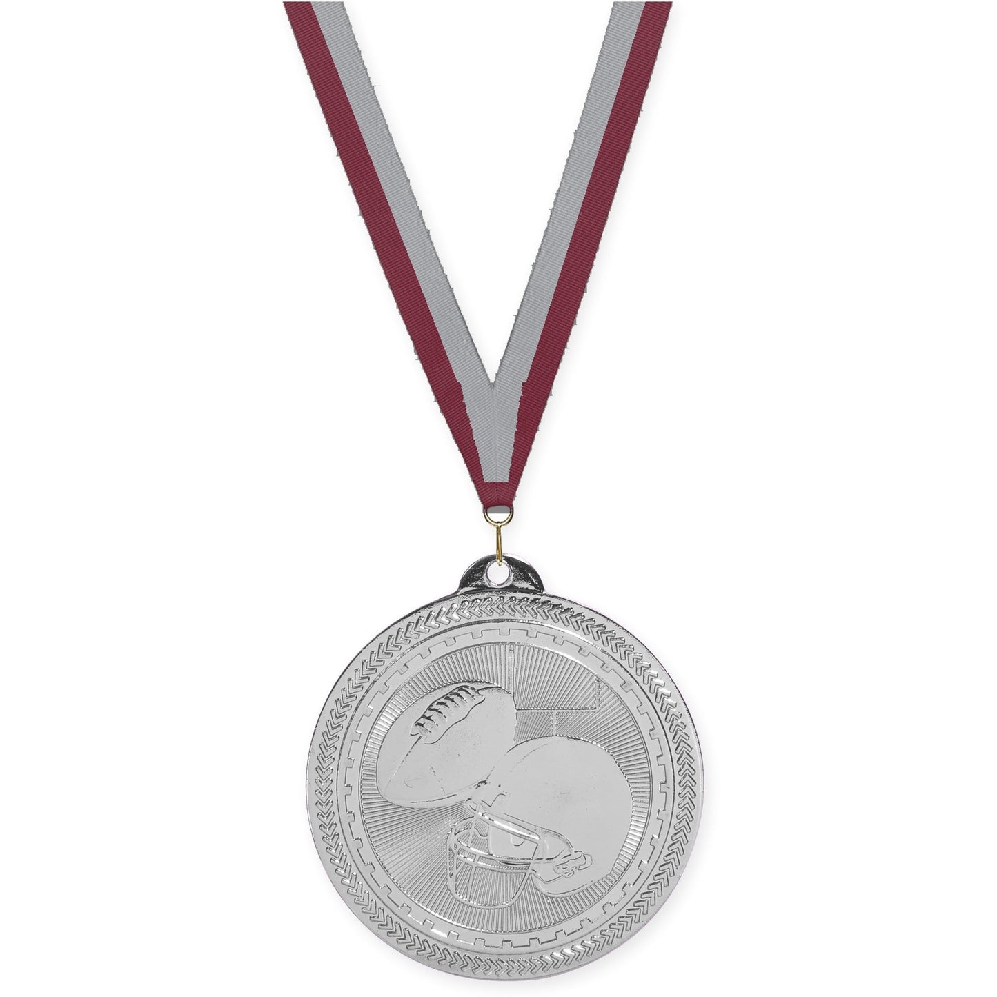 2 inch football Sunburst medal in bright silver with Maroon Gray neck ribbon