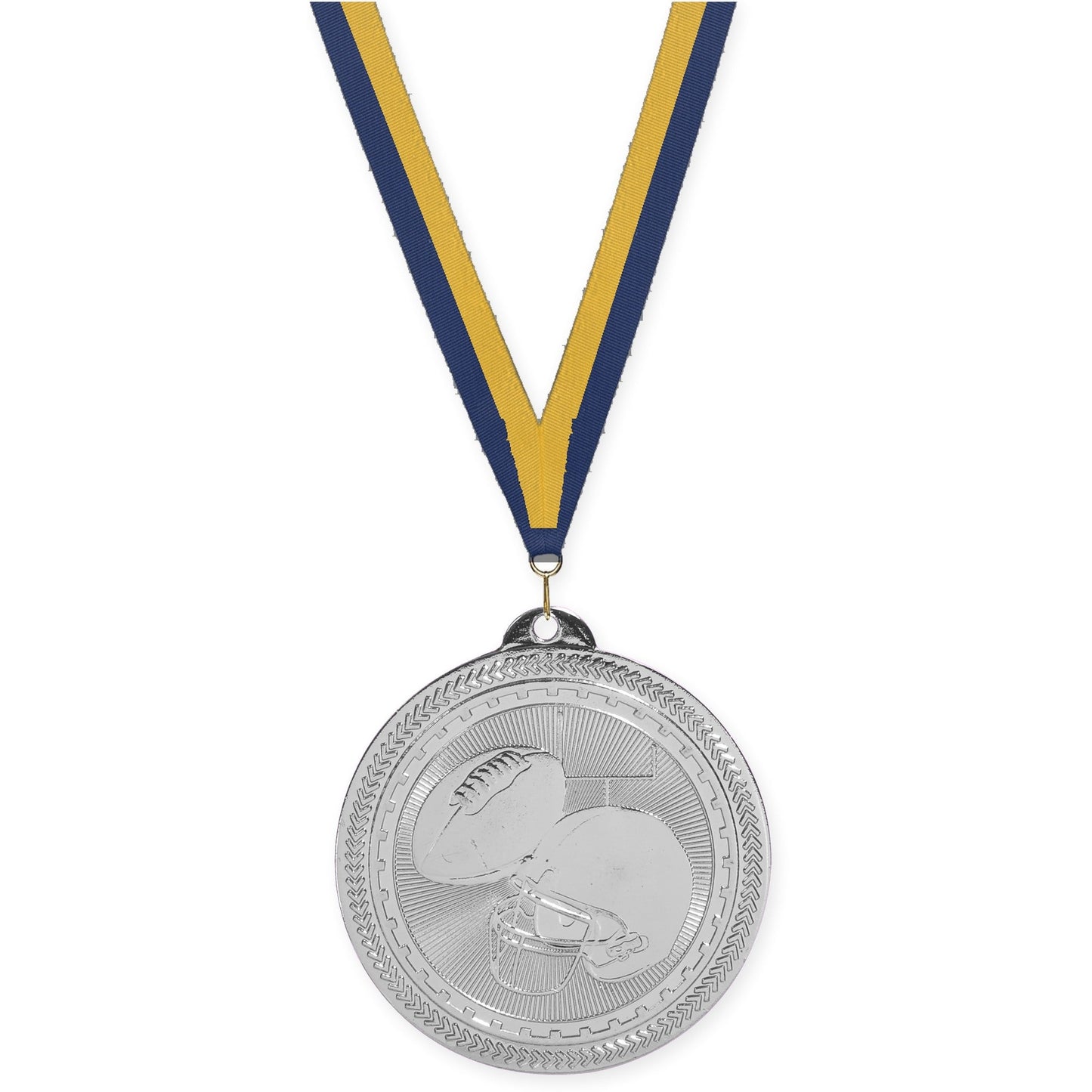 2 inch football Sunburst medal in bright silver with Navy Gold neck ribbon