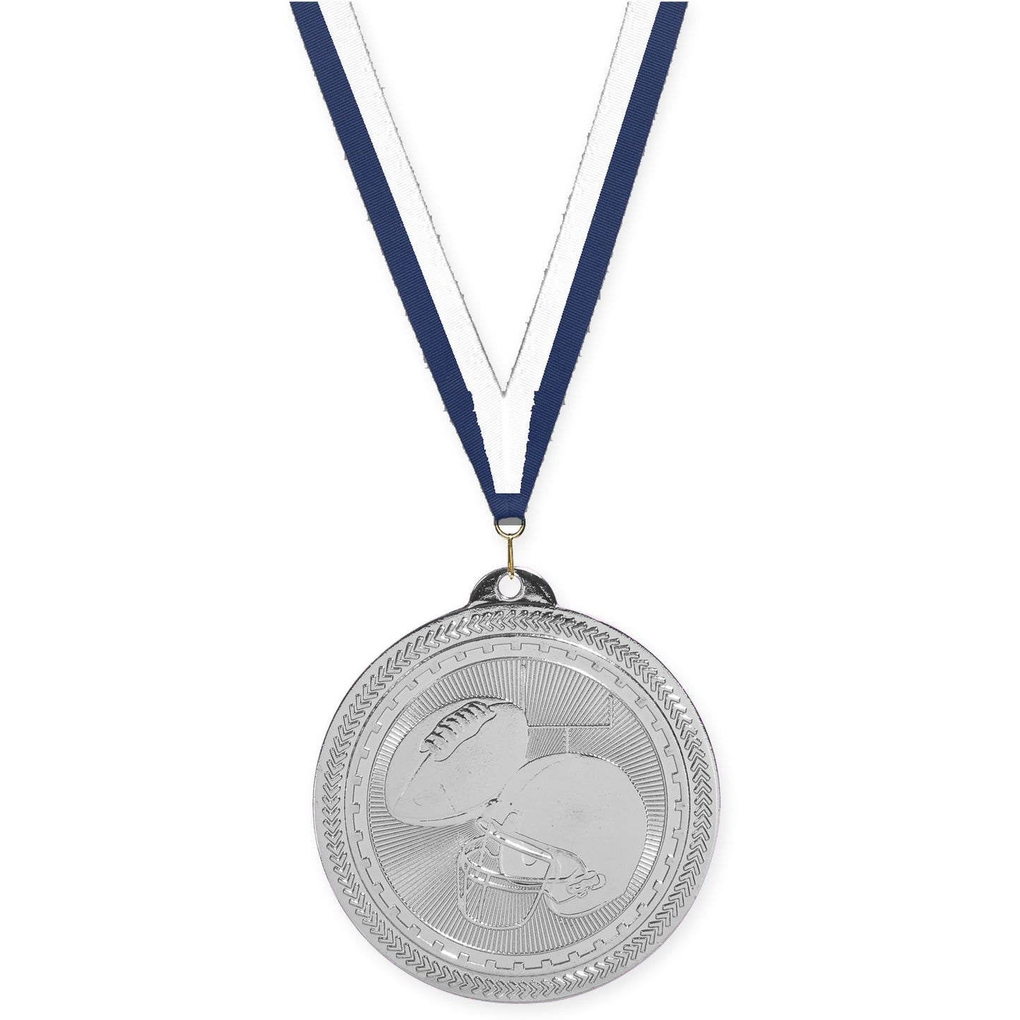 2 inch football Sunburst medal in bright silver with Navy White neck ribbon