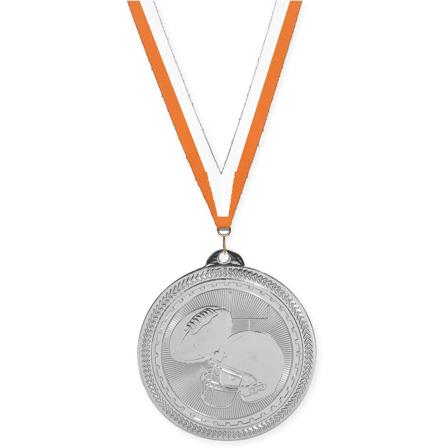 2 inch football Sunburst medal in bright silver with Orange White neck ribbon