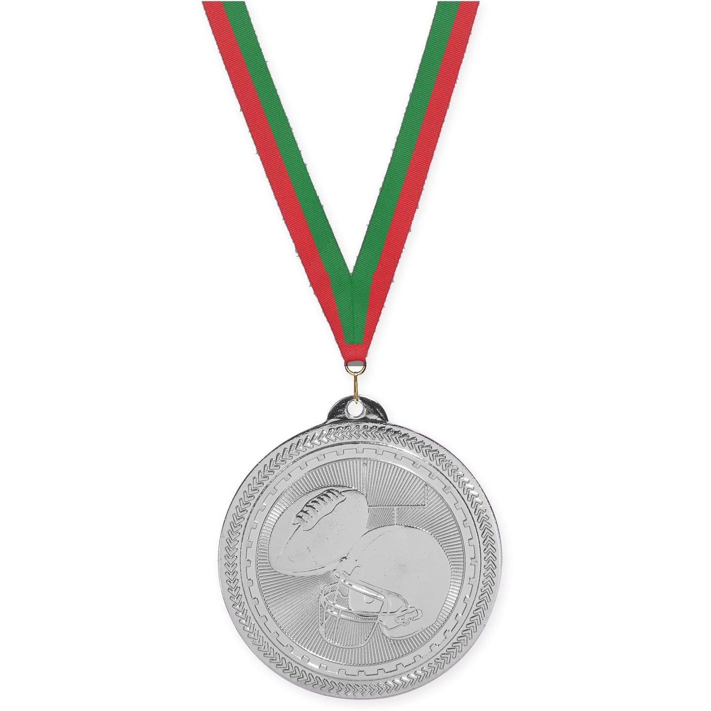 2 inch football Sunburst medal in bright silver with Red Green neck ribbon