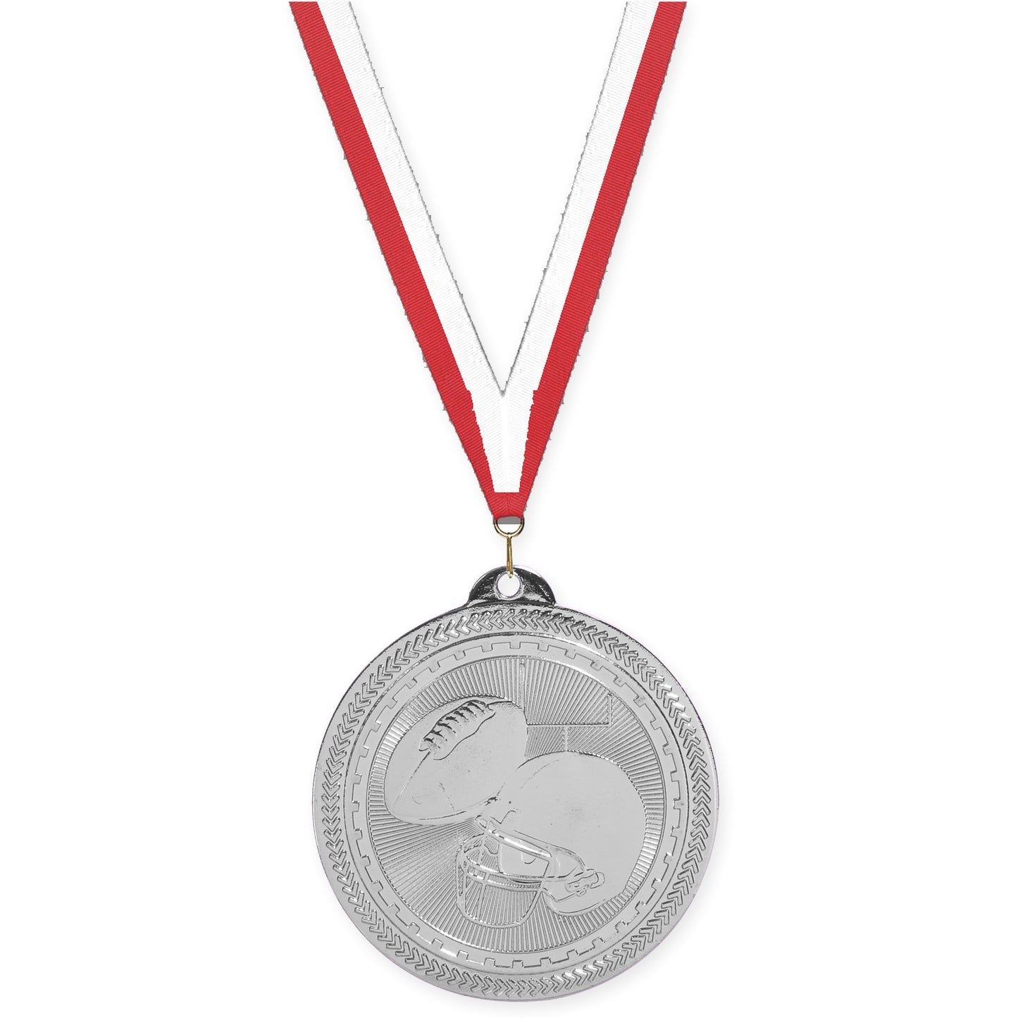 2 inch football Sunburst medal in bright silver with Red White neck ribbon