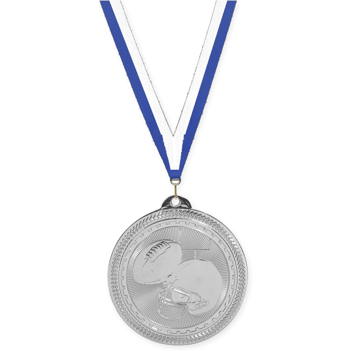 2 inch football Sunburst medal in bright silver with Blue White neck ribbon