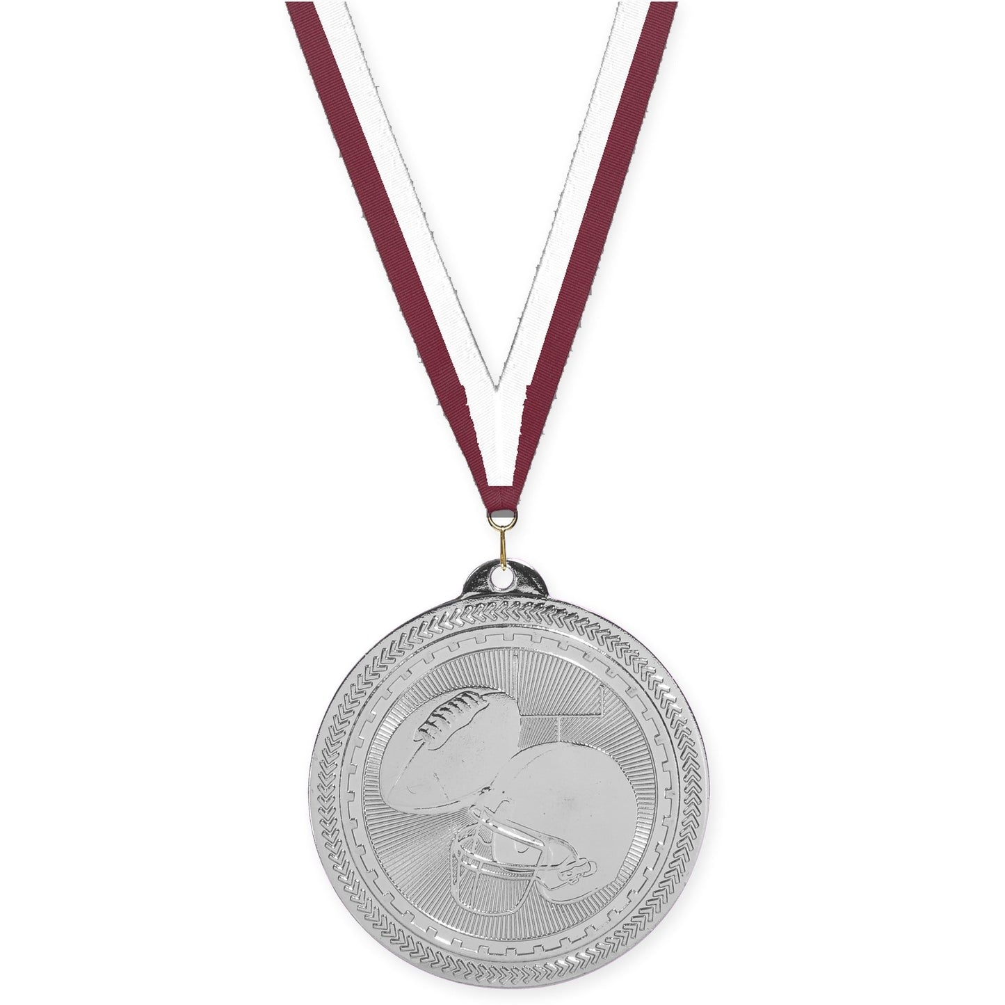 2 inch football Sunburst medal in bright silver with Maroon White neck ribbon