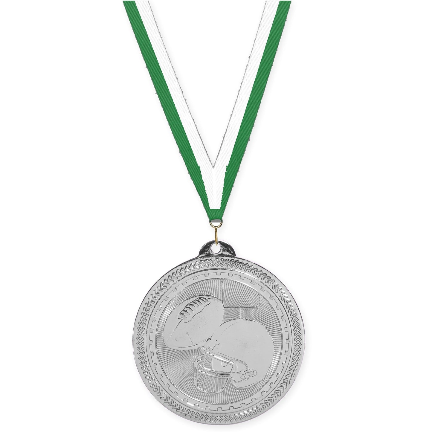 2 inch football Sunburst medal in bright silver with Green White neck ribbon
