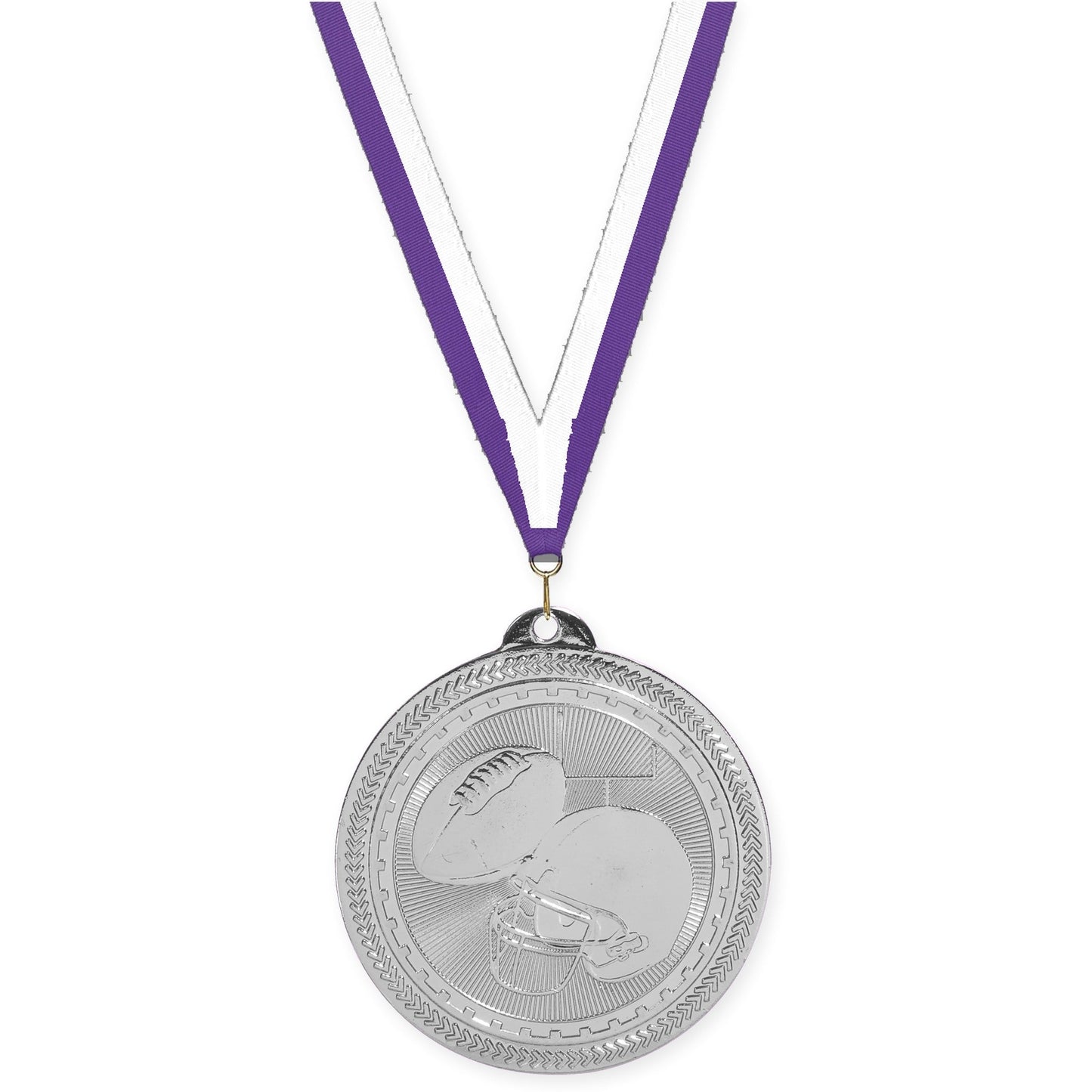 2 inch football Sunburst medal in bright silver with Purple White neck ribbon