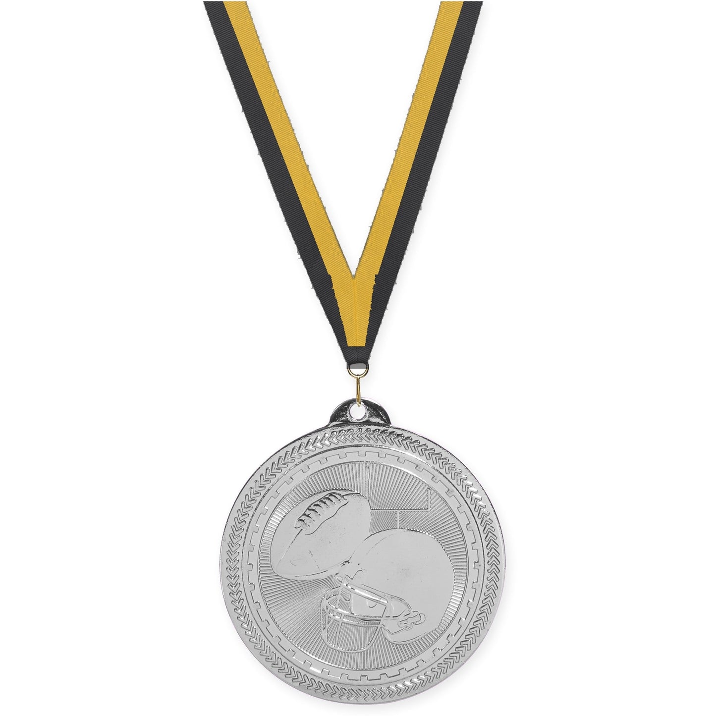2 inch football Sunburst medal in bright silver with Black Gold neck ribbon